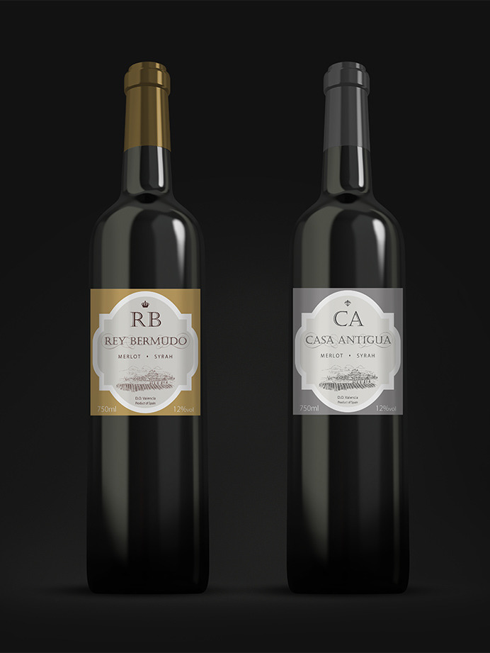 Elegant and traditional red wine label designs for a distributor in Malaga