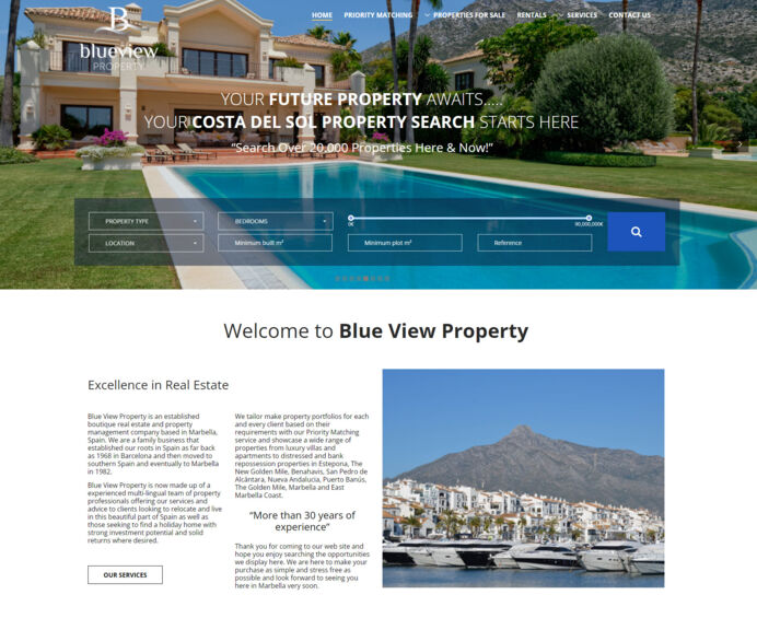 Real estate website redesign - Modern home page layout with integrated search system and animated header 