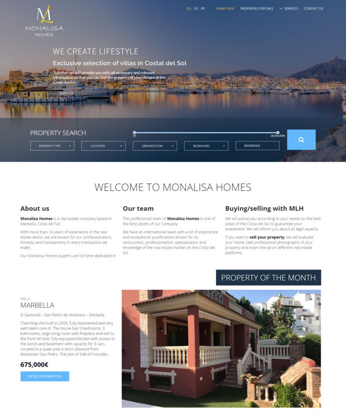 Sitio web diseñado para la agencia inmobiliaria Monalisa Homes en Marbella
