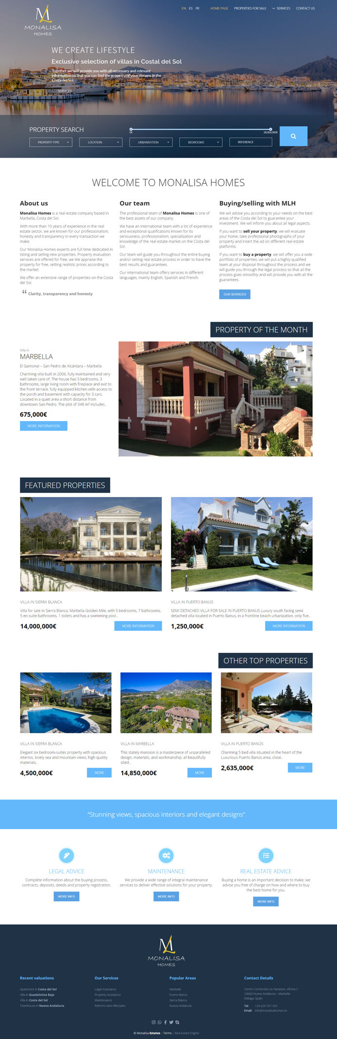 Exclusive website designed and developed for Monalisa real estate agency in Marbella