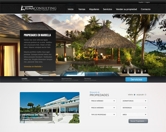 Diseño web desarrollado para Rima Consulting, que ofrece viviendas y propiedades en Marbella