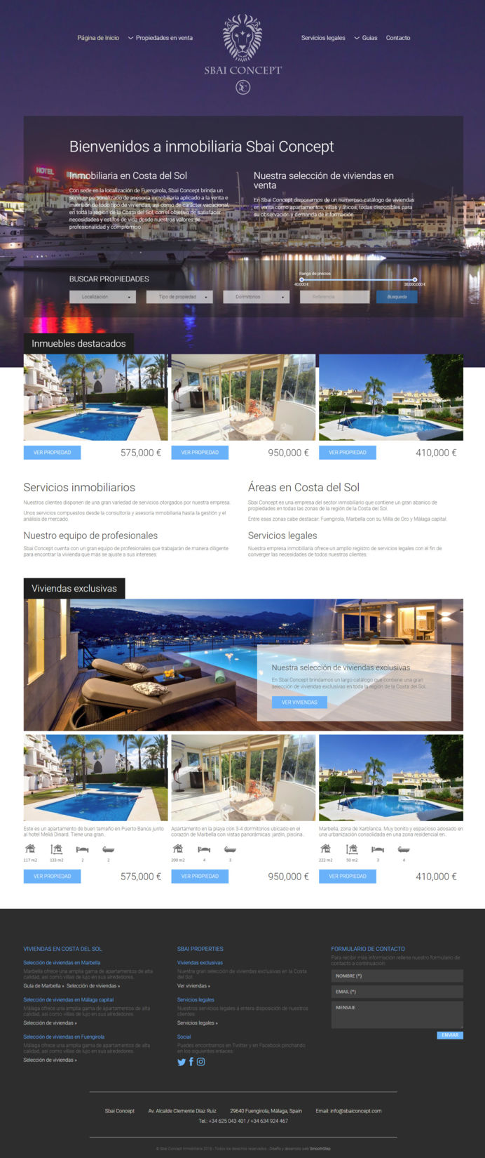 Diseño web exclusivo para inmobiliaria en Marbella con panel de búsqueda de propiedades semi-transparente