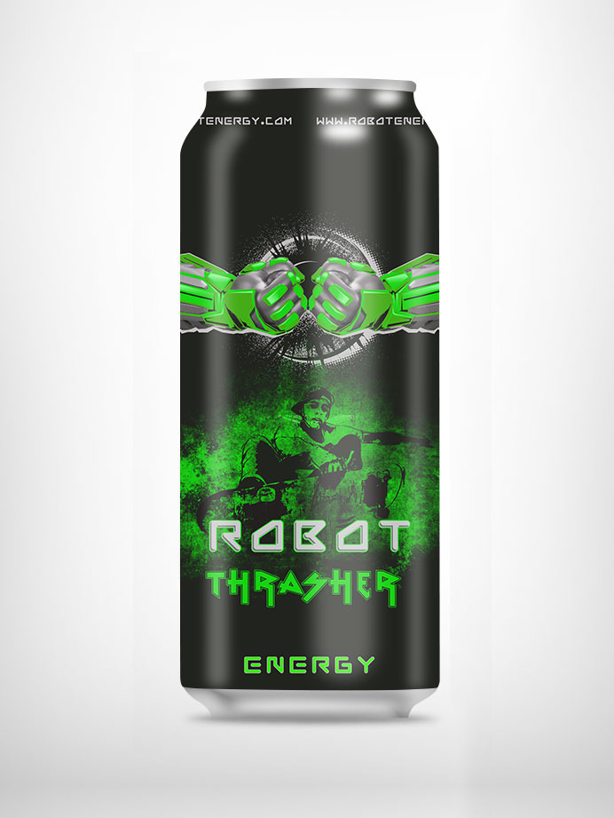 Thrasher, Robot Energy new drink, can label design