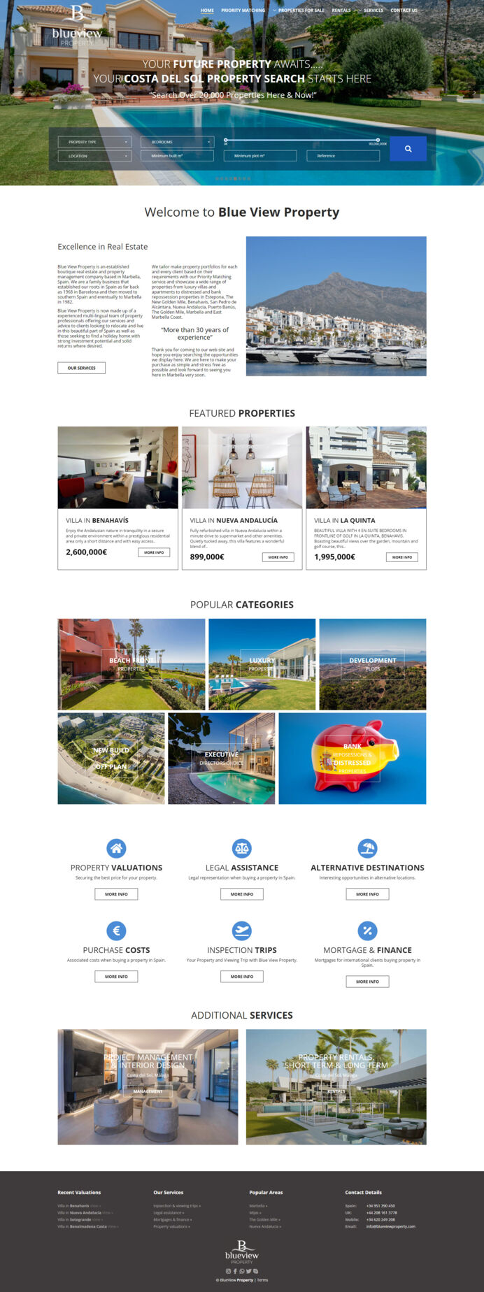  Nuevo diseño y desarrollo web para Blue View Properties Marbella – Diseño de página exclusivo, moderno y muy visual, integrado con un avanzado sistema de búsqueda inmobiliaria