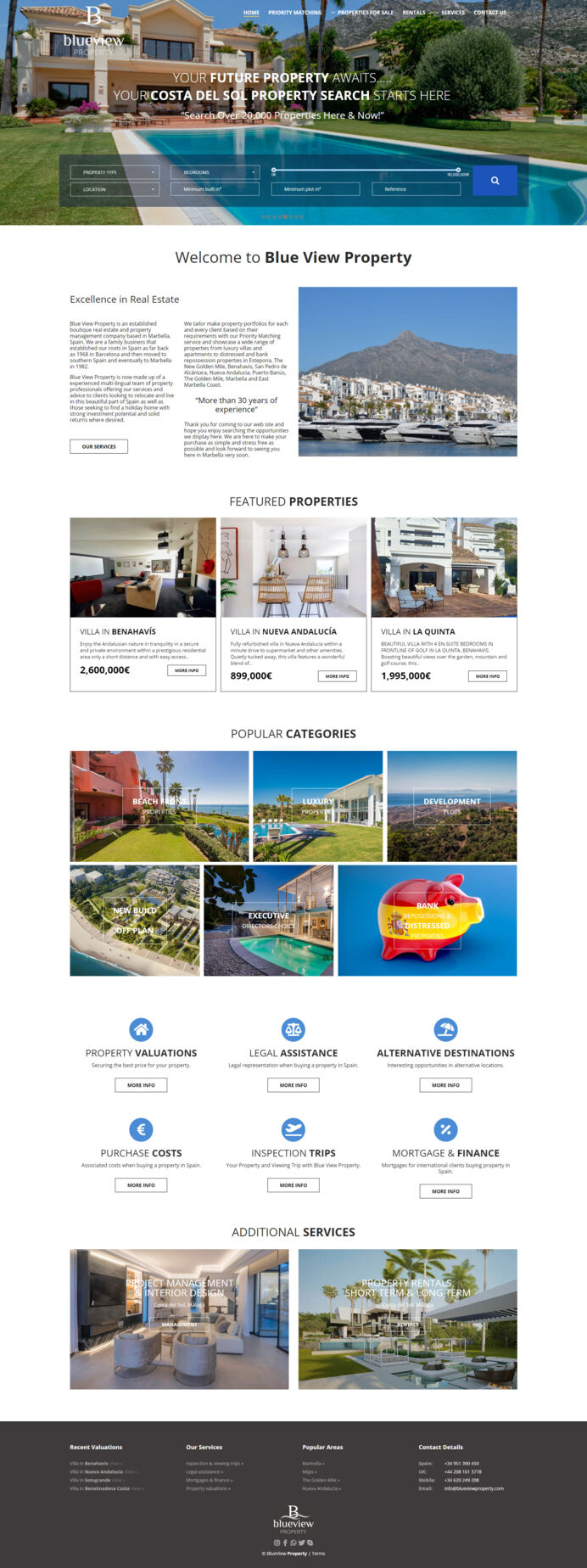  Nuevo diseño y desarrollo web para Blue View Properties Marbella – Diseño de página exclusivo, moderno y muy visual, integrado con un avanzado sistema de búsqueda inmobiliaria