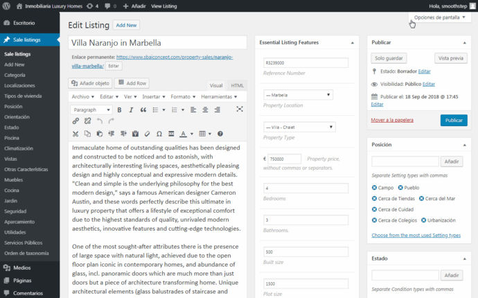 Edición de propiedades en el software inmobiliario de Smooth Step