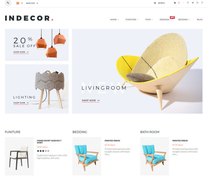 Plantilla indecor diseñada para tienda online de muebles y artículos de interiores