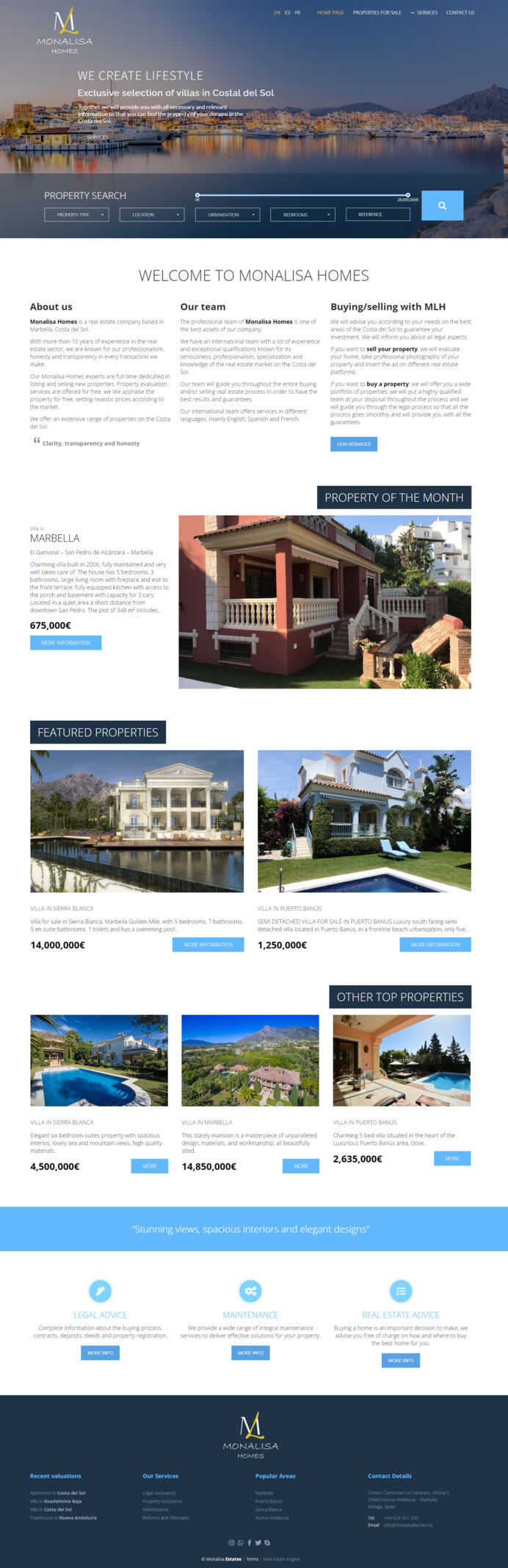 Sitio web exclusivo diseñado y desarrollado para la agencia inmobiliaria Monalisa Homes en Marbella