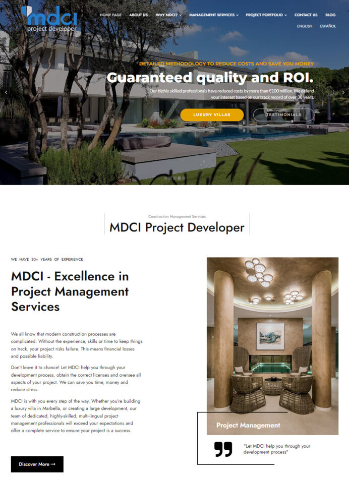 Sitio web con diseño actualizado para una empresa de gestión de proyectos inmobiliarios en Marbella