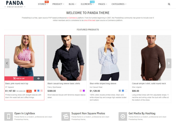Productos destacados en plantilla Panda de comercio electrónico para Prestashop