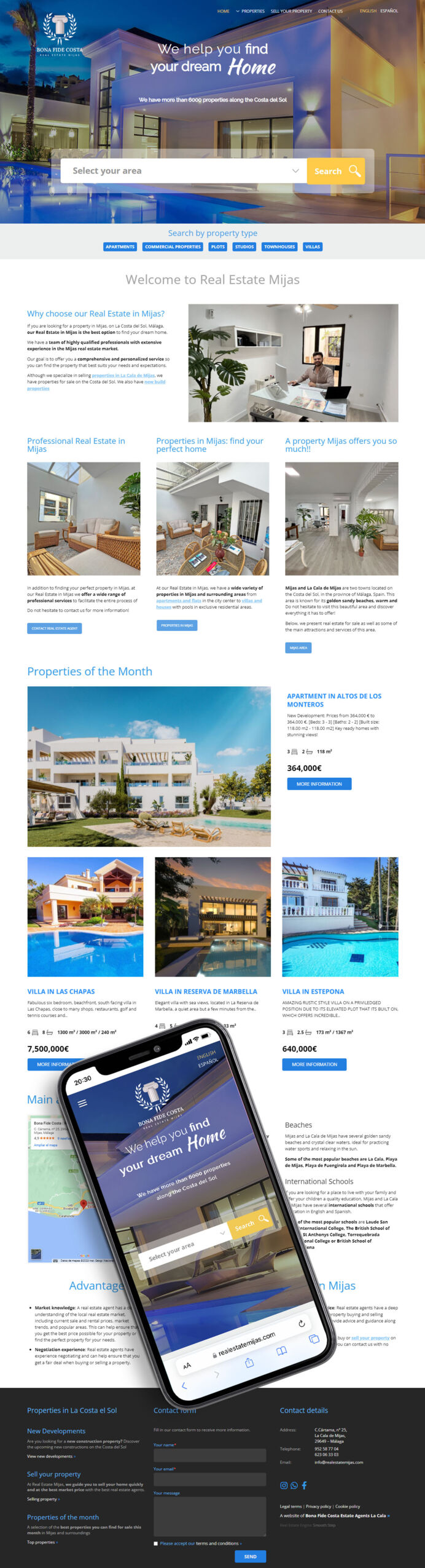 Desarrollo web para agencia inmobiliaria en Mijas basada en nuestro diseño exclusivo.