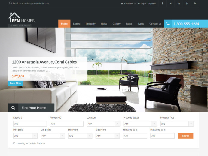 Plantilla RealHomes para página web inmobiliaria basada en Wordpress 