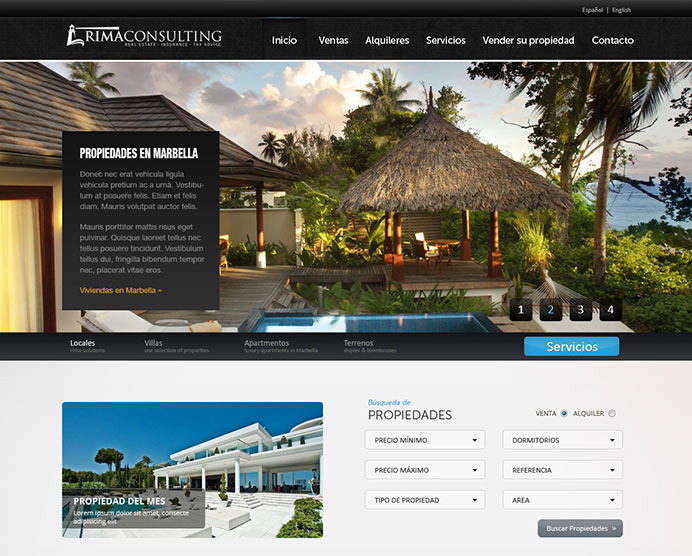 Diseño web desarrollado para Rima Consulting, que ofrece viviendas y propiedades en Marbella