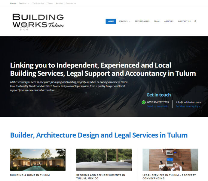 Diseño web de página de inicio para empresa de construcción y servicios legales en Tulum